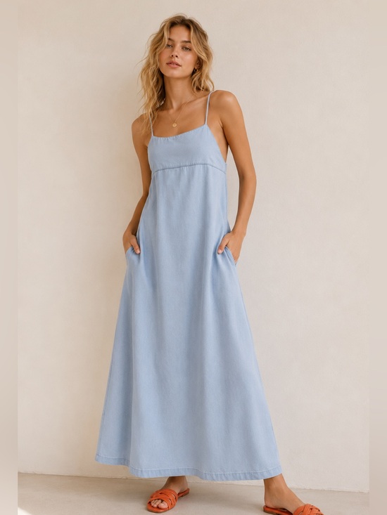 Sage Dresses & Skirts - SAGE The label Chambray Blue Sleeveless Maxi Dress Pockets Spaghetti Straps